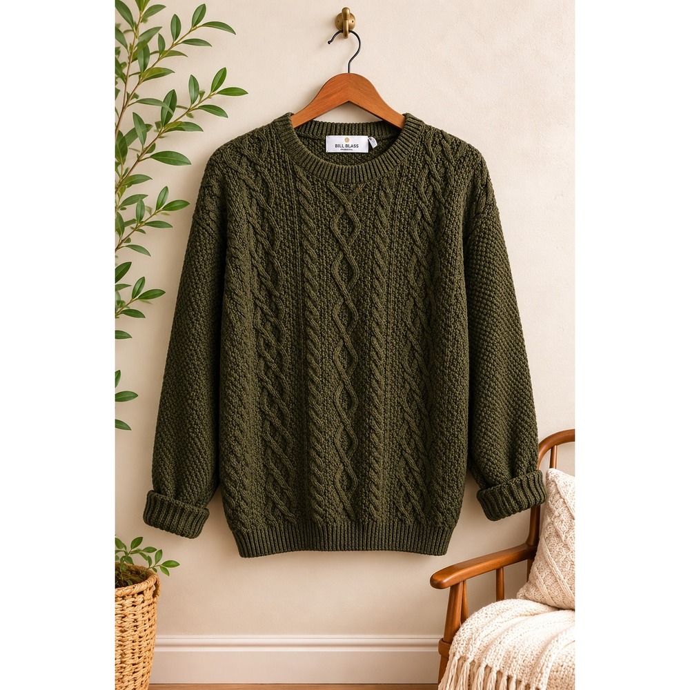 Vintage Bill Blass Men's Cable Knit Sweater Olive Green Fisherman Cotton Blend L